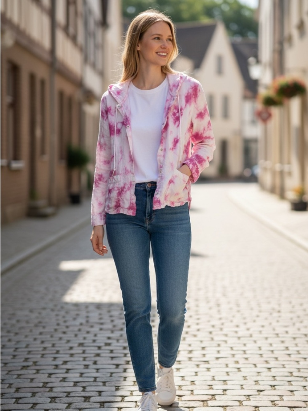 Rachel Zoe Pink and White Tie-Dye Linen Hooded Button Jacket